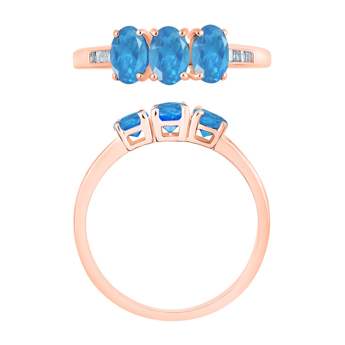 Malgache Neon Apatite and Diamond 3 Stone Ring in 18K Vermeil Rose Gold Over Sterling Silver (Size 10.0) 1.41 ctw image number 3