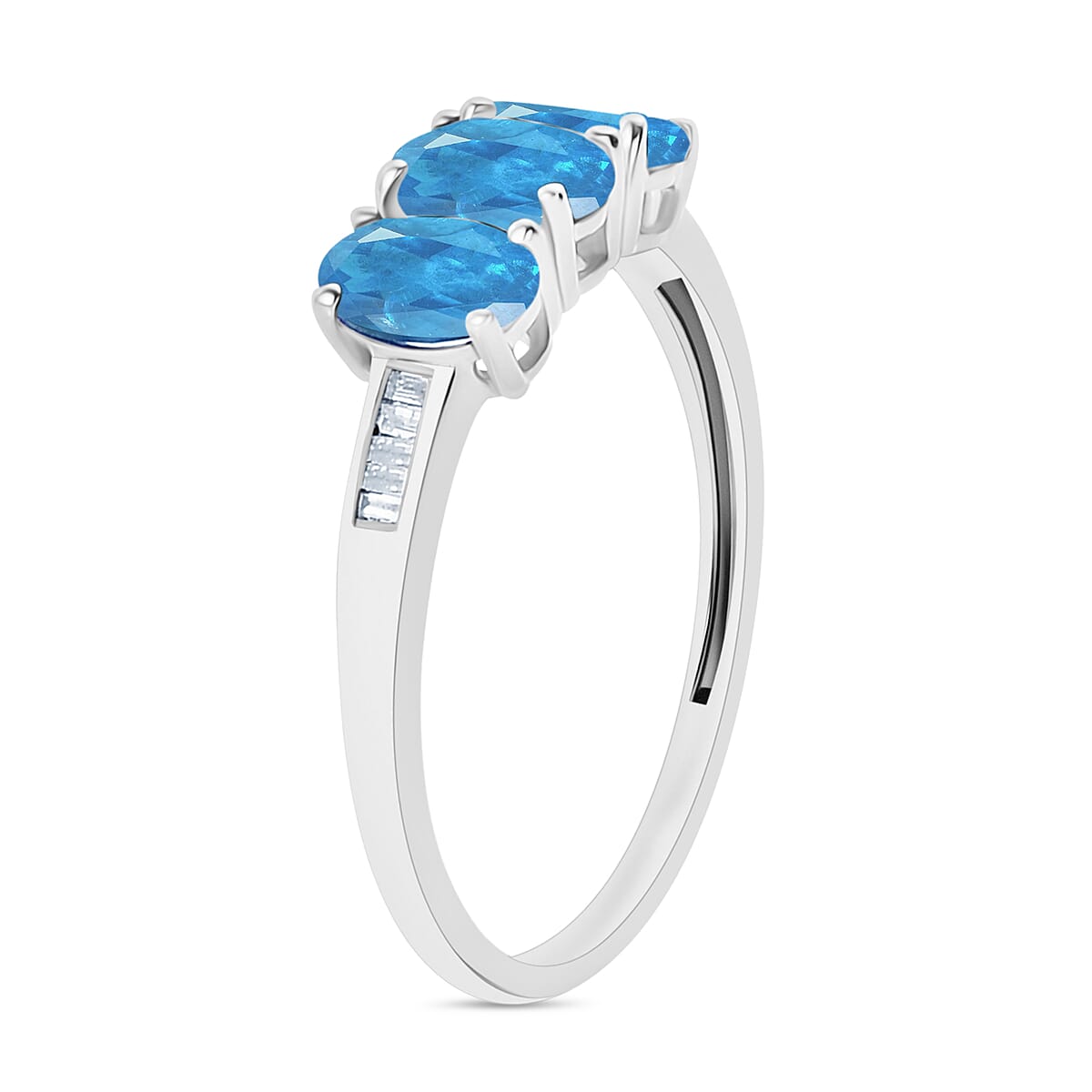 D'Joy Malgache Neon Apatite and Diamond 3 Stone Ring in Rhodium Over Sterling Silver (Size 10.0) 1.90 ctw image number 2
