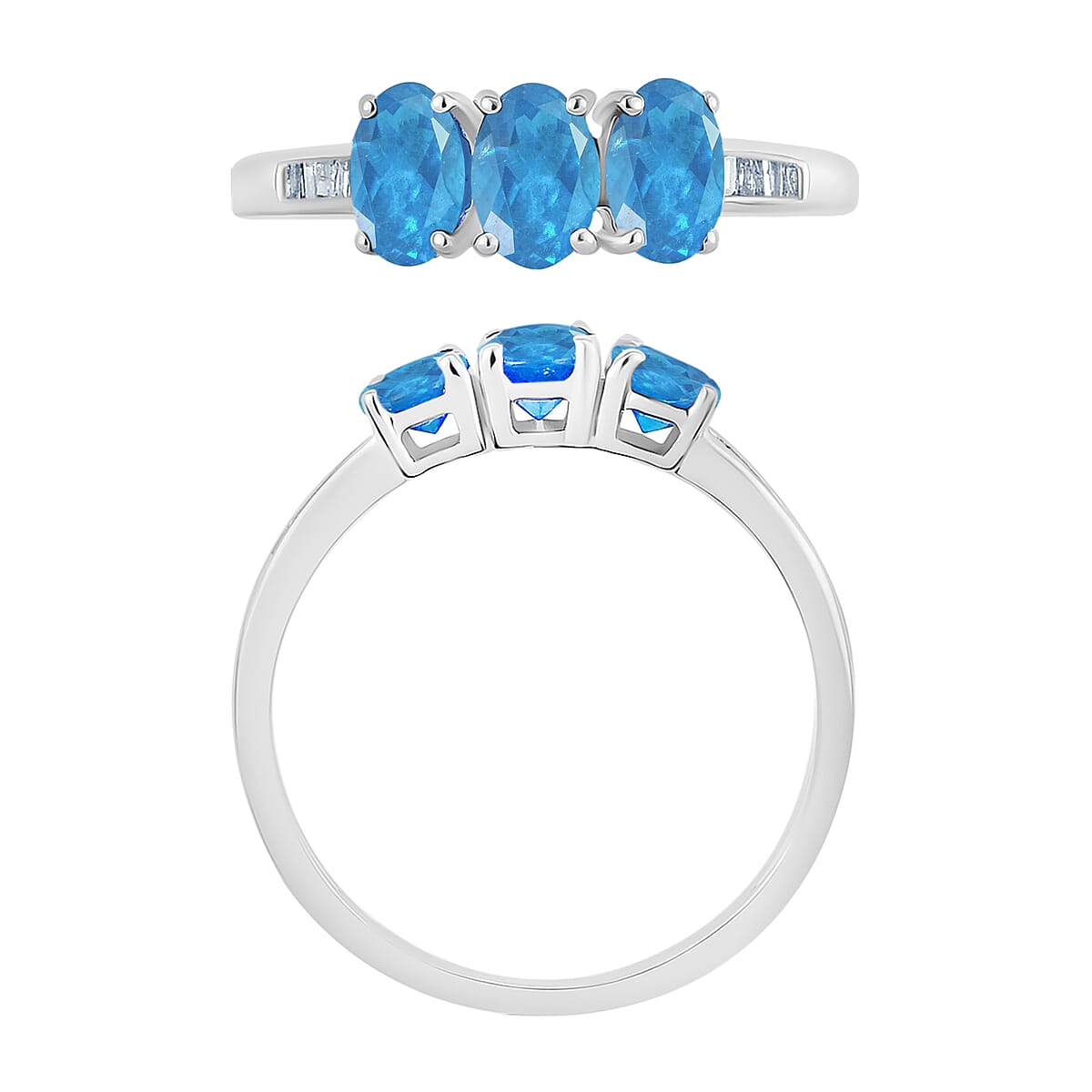 D'Joy Malgache Neon Apatite and Diamond 3 Stone Ring in Rhodium Over Sterling Silver (Size 10.0) 1.90 ctw image number 3