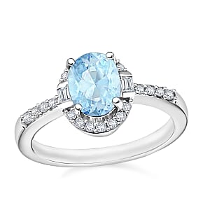 Mangoro Aquamarine and Moissanite Ring in Rhodium Over Sterling Silver (Size 4.0) 1.65 ctw