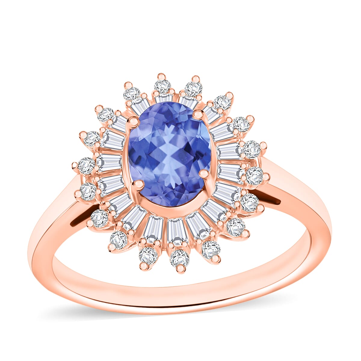 Tanzanite and Moissanite 2.48 ctw Sunburst Ring in 18K Vermeil Rose Gold Over Sterling Silver (Size 10.0) image number 0