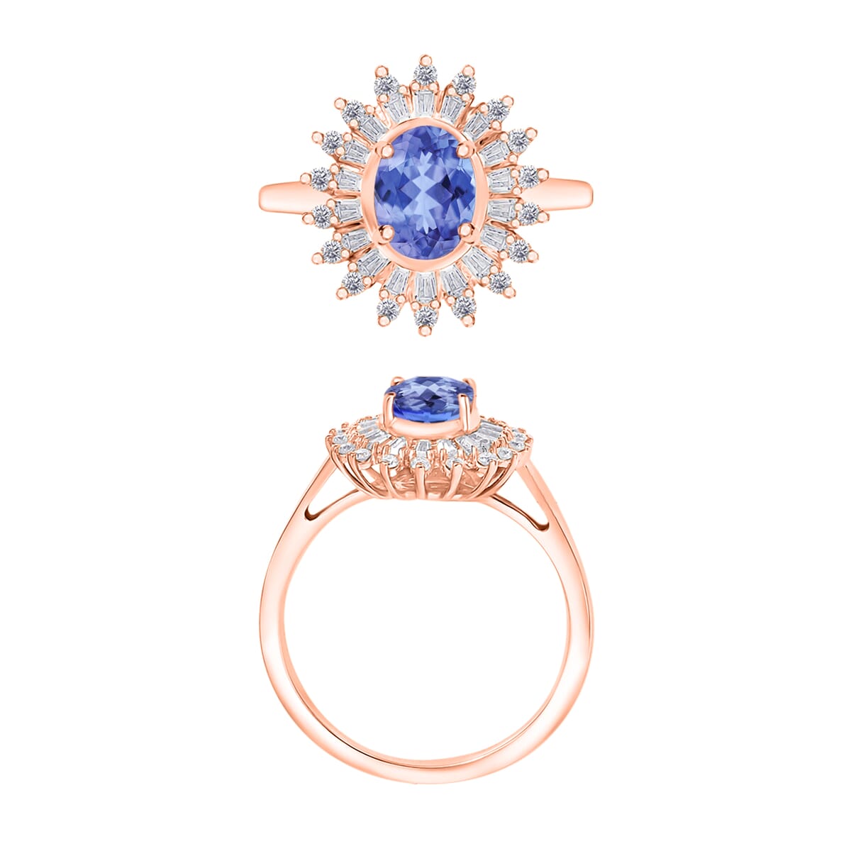 Tanzanite and Moissanite 2.48 ctw Sunburst Ring in 18K Vermeil Rose Gold Over Sterling Silver (Size 10.0) image number 3