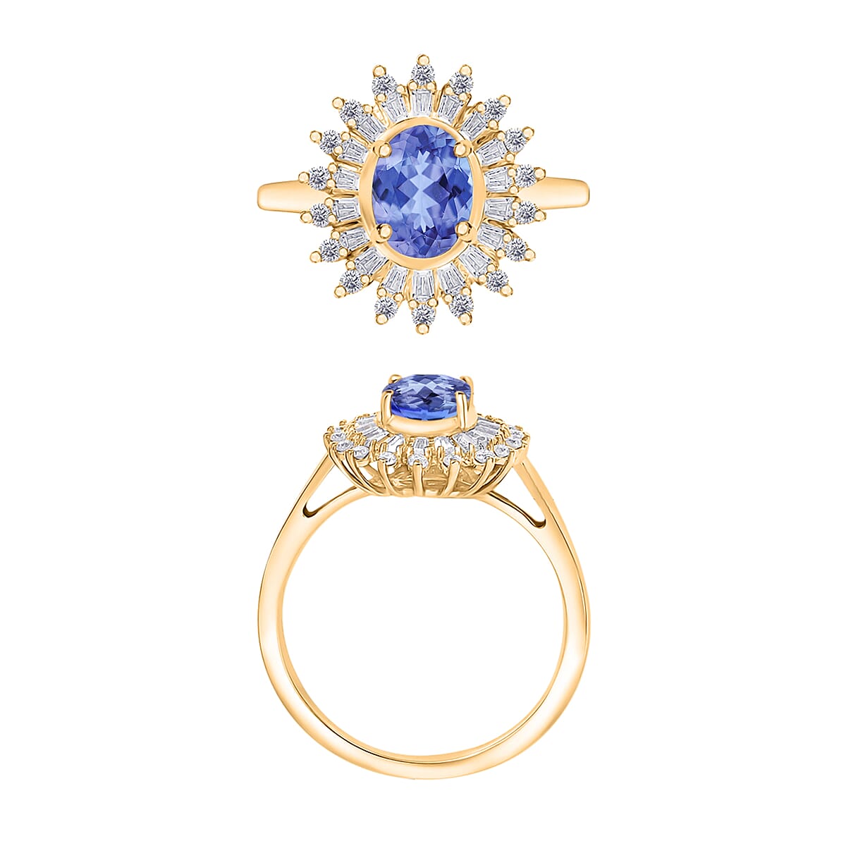 Tanzanite and Moissanite 2.48 ctw Sunburst Ring in 18K Vermeil Yellow Gold Over Sterling Silver (Size 7.0) (Del. in 10-12 Days) image number 3