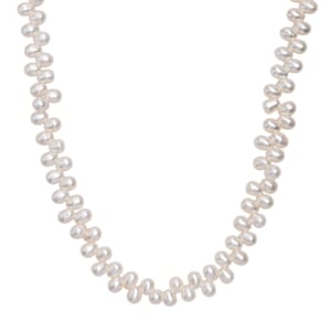 White Freshwater Pearl Oval Shape Necklace in Rhodium Over Sterling Silver 18 Inches