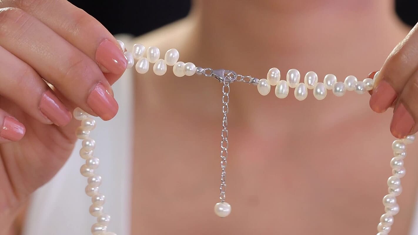 White Freshwater Pearl Oval Shape Dancing Bubbles Necklace in Rhodium Over Sterling Silver 18 Inches