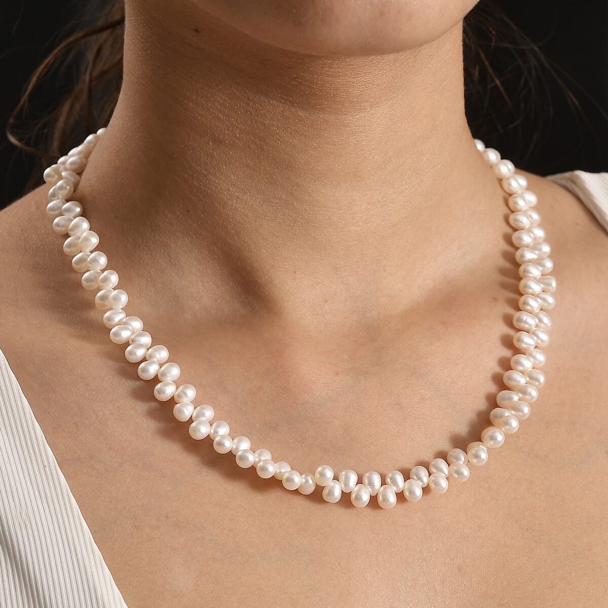 White Freshwater Pearl Oval Shape Necklace in Rhodium Over Sterling Silver 18 Inches image number 2