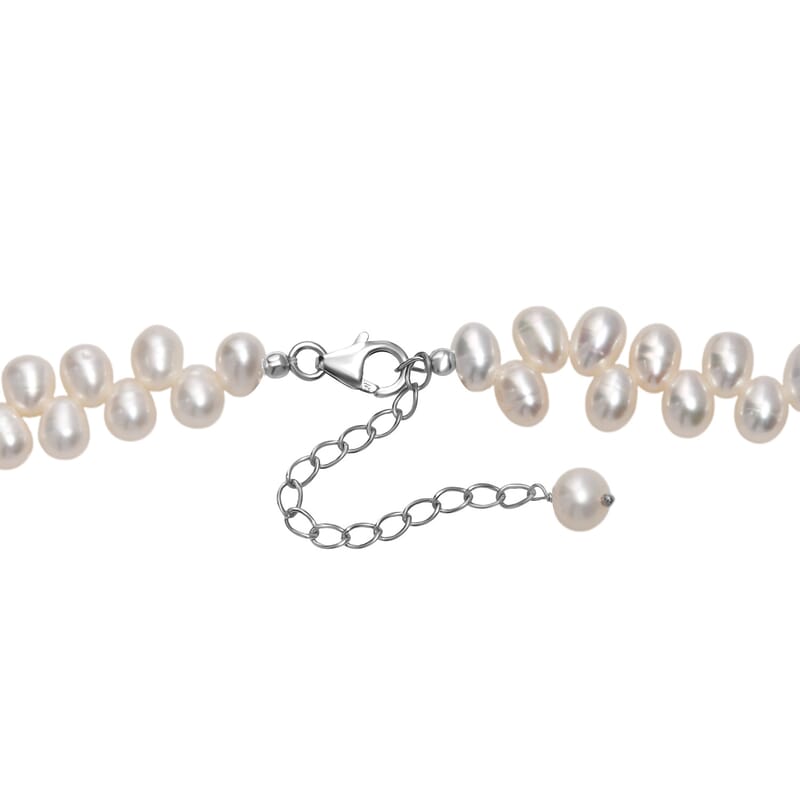 White Freshwater Pearl Oval Shape Dancing Bubbles Necklace in Rhodium Over Sterling Silver 18 Inches