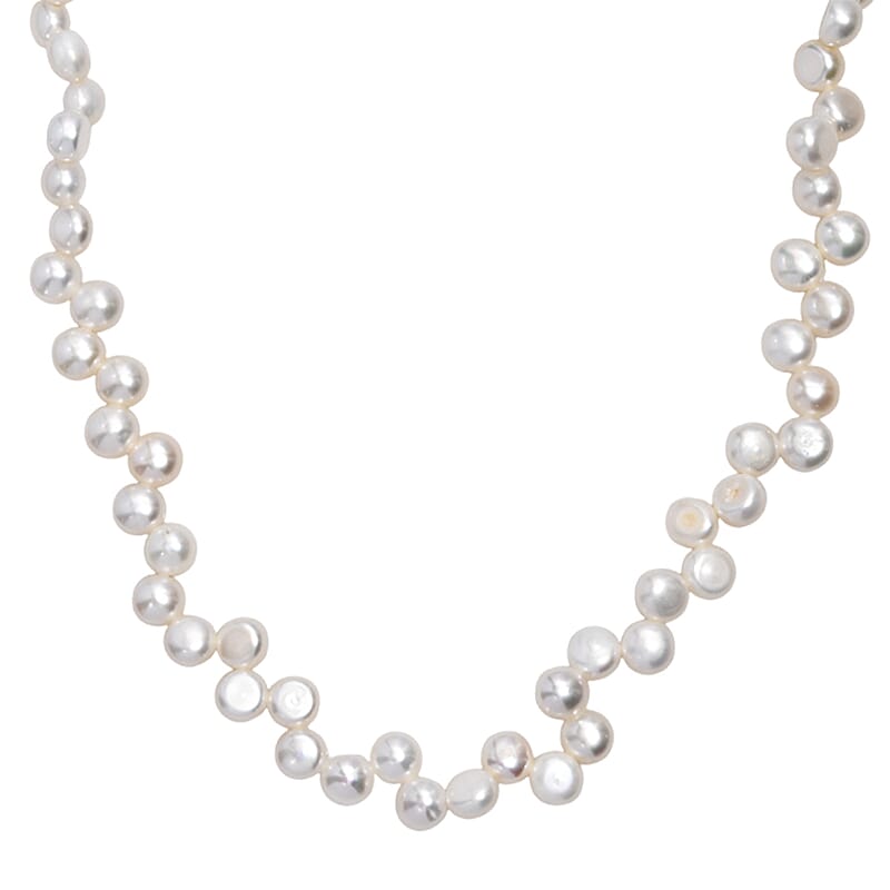 White Freshwater Pearl Button Shape Dancing bubbles Necklace in Rhodium Over Sterling Silver 18 Inches