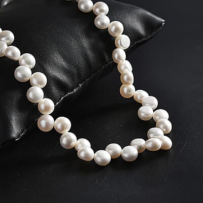 White Freshwater Pearl Button Shape Dancing bubbles Necklace in Rhodium Over Sterling Silver 18 Inches