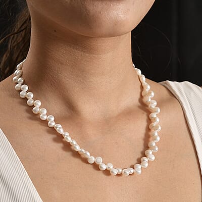 White Freshwater Pearl Button Shape Dancing bubbles Necklace in Rhodium Over Sterling Silver 18 Inches