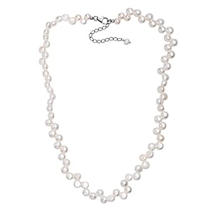 White Freshwater Pearl Button Shape Dancing bubbles Necklace in Rhodium Over Sterling Silver 18 Inches
