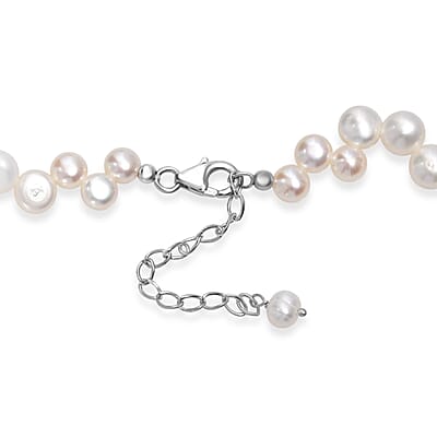 White Freshwater Pearl Button Shape Dancing bubbles Necklace in Rhodium Over Sterling Silver 18 Inches