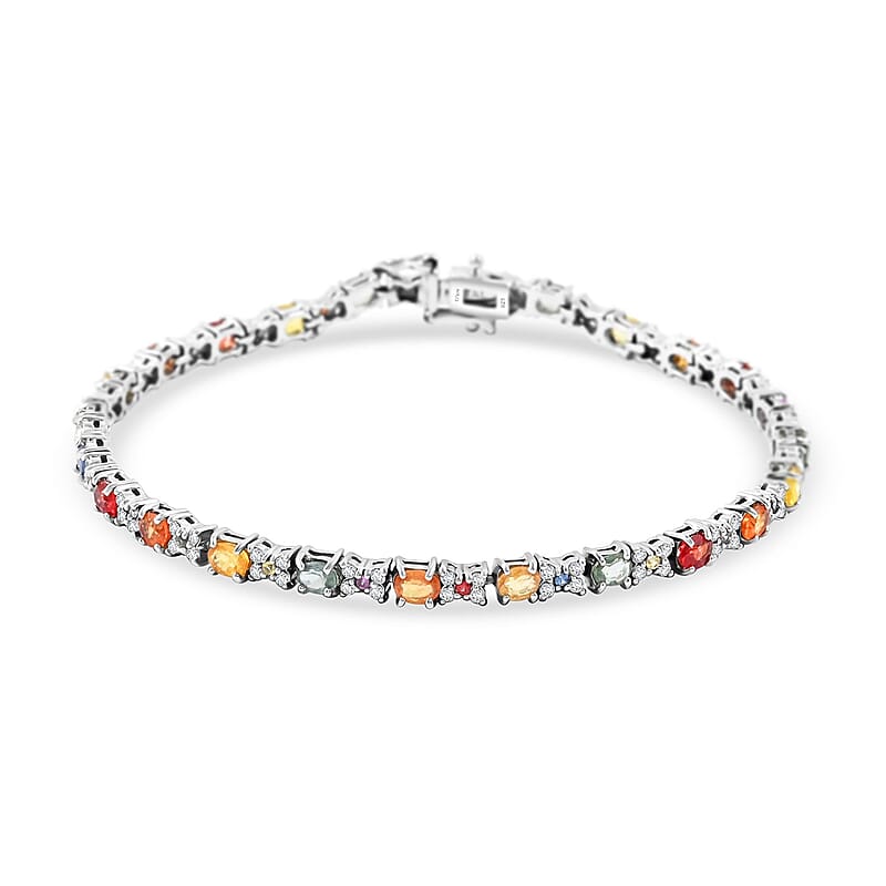 Premium Multi Sapphire and White Zircon 7.00 ctw Bloomfire Bracelet in Rhodium Over Sterling Silver (6.50 In)
