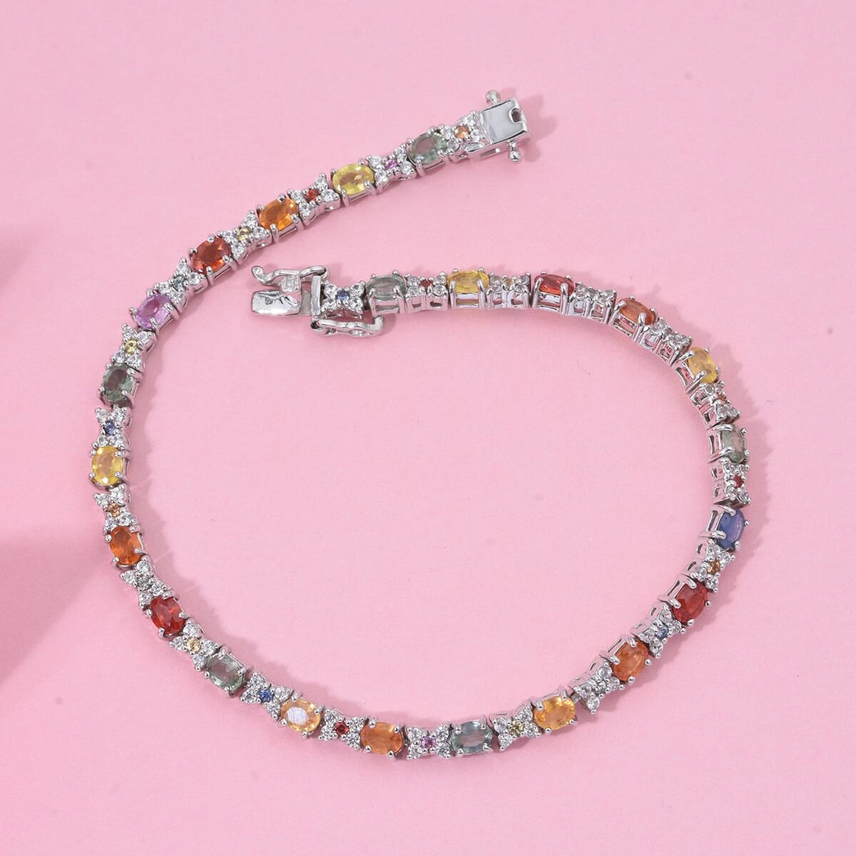 Premium Multi Sapphire and White Zircon 7.75 ctw Bloomfire Bracelet in Rhodium Over Sterling Silver (7.25 In) image number 1