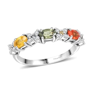 D'Joy Premium Multi Sapphire and White Zircon 1.25 ctw Bloomfire Ring in Rhodium Over Sterling Silver (Size 10.0) 
