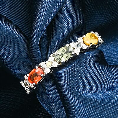 D'Joy Premium Multi Sapphire and White Zircon 1.25 ctw Bloomfire Ring in Rhodium Over Sterling Silver (Size 10.0) 