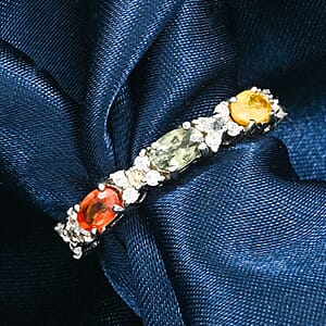 D'Joy Premium Multi Sapphire and White Zircon 1.25 ctw Bloomfire Ring in Rhodium Over Sterling Silver (Size 7.0) 