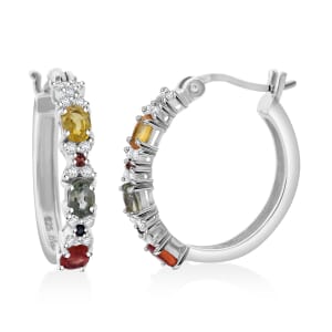 Premium Multi Sapphire and White Zircon 1.85 ctw Bloomfire Earrings in Rhodium Over Sterling Silver 