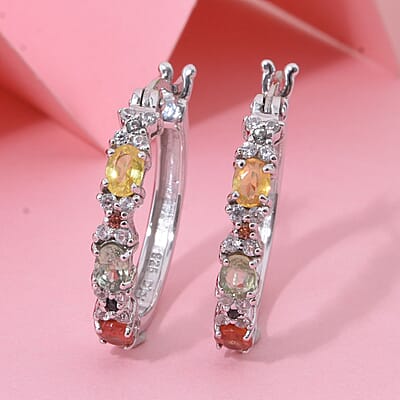 Premium Multi Sapphire and White Zircon 1.85 ctw Bloomfire Earrings in Rhodium Over Sterling Silver 