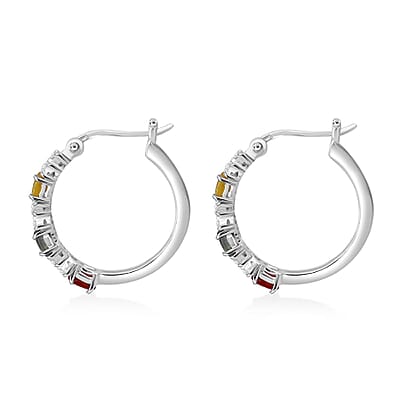 Premium Multi Sapphire and White Zircon 1.85 ctw Bloomfire Earrings in Rhodium Over Sterling Silver 