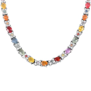 Premium Multi Sapphire and White Zircon 10.00 ctw Bloomfire Necklace in Rhodium Over Sterling Silver 18 Inches