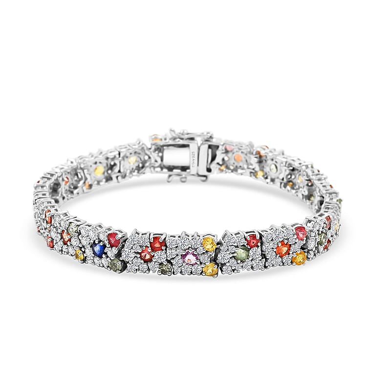 Multi Sapphire and White Zircon 15.60 ctw Rainbow Radiance Bracelet in Rhodium Over Sterling Silver (6.50 In)