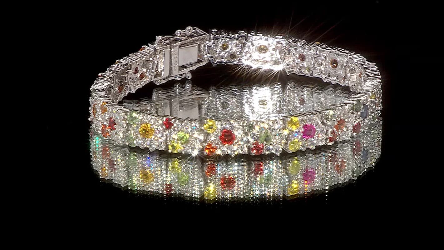 Multi Sapphire and White Zircon 15.60 ctw Rainbow Radiance Bracelet in Rhodium Over Sterling Silver (6.50 In) (Del. in 10-12 Days)
