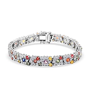 Multi Sapphire and White Zircon 16.15 ctw Rainbow Radiance Bracelet in Rhodium Over Sterling Silve (7.25 In) 