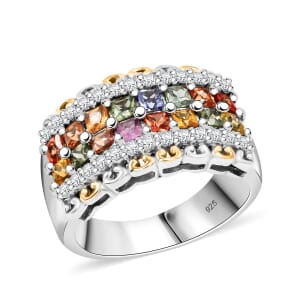 Premium Multi Sapphire and White Zircon 2.15 ctw Color Crest Ring in 18K Vermeil YG and Rhodium Over Sterling Silver (Size 10.0) 