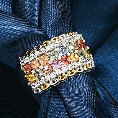 Premium Multi Sapphire and White Zircon 2.15 ctw Color Crest Ring in 18K Vermeil YG and Rhodium Over Sterling Silver (Size 10.0) 