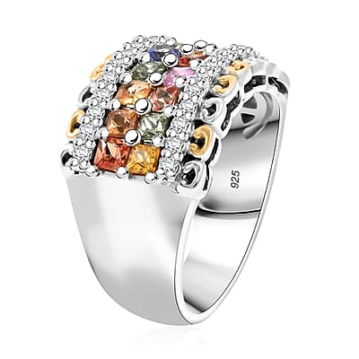 Premium Multi Sapphire and White Zircon 2.15 ctw Color Crest Ring in 18K Vermeil YG and Rhodium Over Sterling Silver (Size 10.0) 