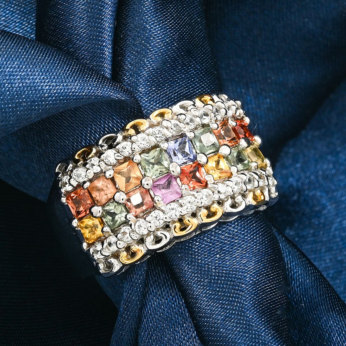 Premium Multi Sapphire and White Zircon 2.15 ctw Color Crest Ring in 18K Vermeil YG and Rhodium Over Sterling Silver (Size 5.0)  image number 1
