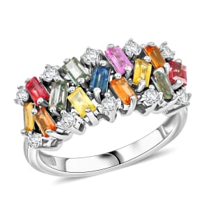 Premium Multi Sapphire and Moissanite 2.10 ctw Art Deco Ring in Rhodium Over Sterling Silver (Size 10.0)