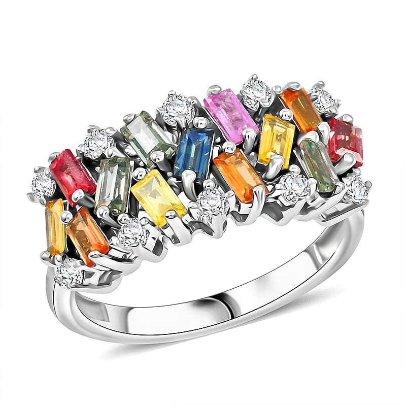 Premium Multi Sapphire and Moissanite 2.10 ctw Art Deco Ring in Rhodium Over Sterling Silver (Size 10.0)