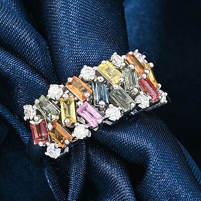 Premium Multi Sapphire and Moissanite 2.10 ctw Art Deco Ring in Rhodium Over Sterling Silver (Size 10.0)