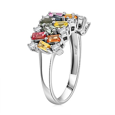 Premium Multi Sapphire and Moissanite 2.10 ctw Art Deco Ring in Rhodium Over Sterling Silver (Size 10.0)