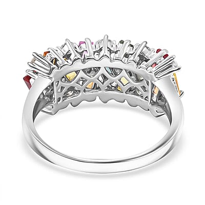 Premium Multi Sapphire and Moissanite 2.10 ctw Art Deco Ring in Rhodium Over Sterling Silver (Size 10.0)