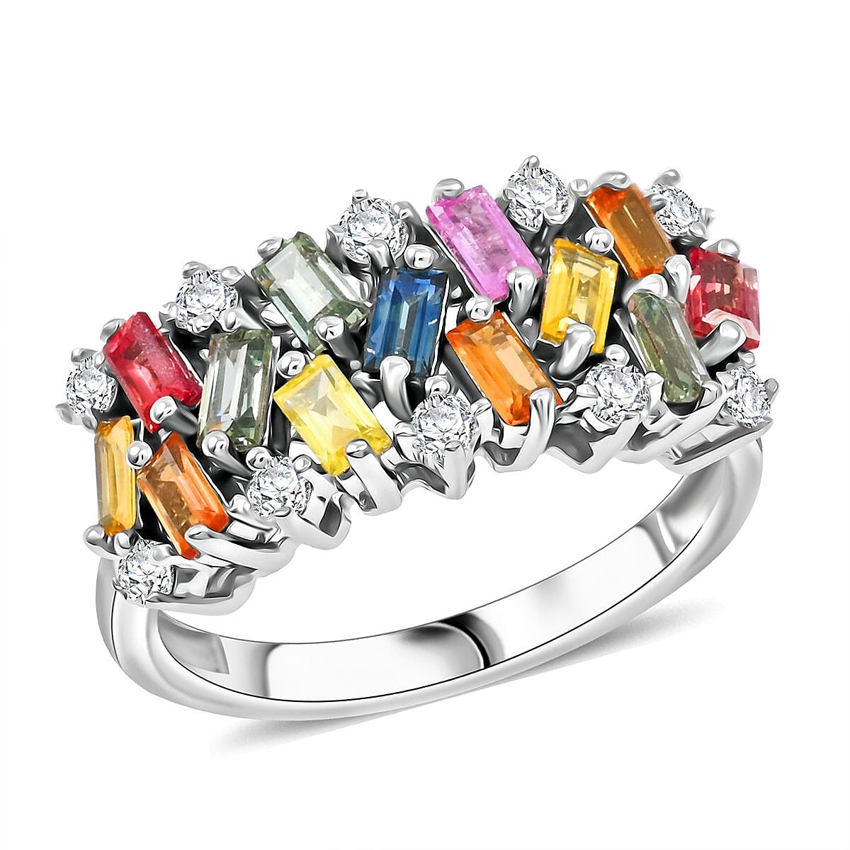 Premium Multi Sapphire and Moissanite 2.10 ctw Art Deco Ring in Rhodium Over Sterling Silver (Size 8.0) image number 0