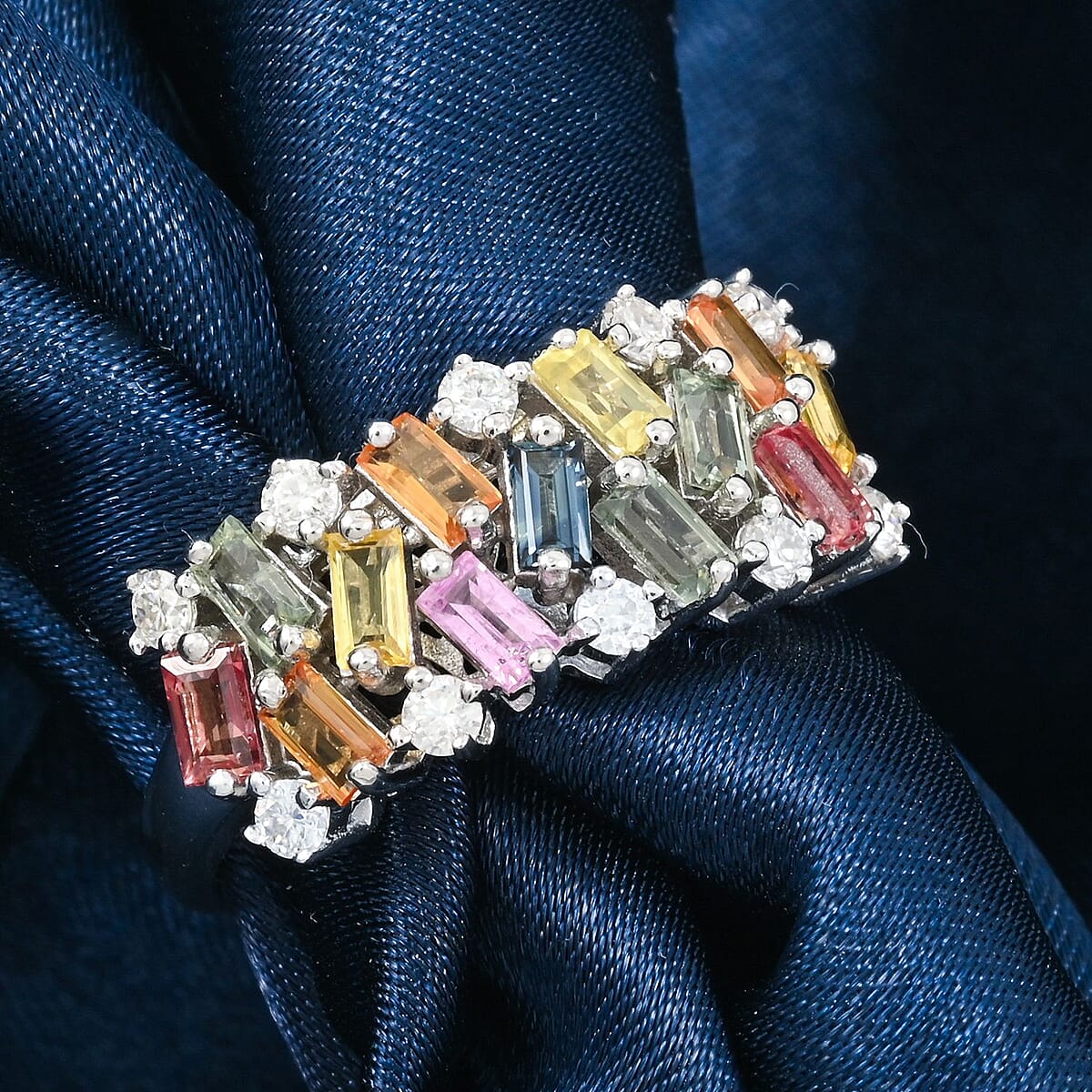 Premium Multi Sapphire and Moissanite 2.10 ctw Art Deco Ring in Rhodium Over Sterling Silver (Size 8.0) image number 1