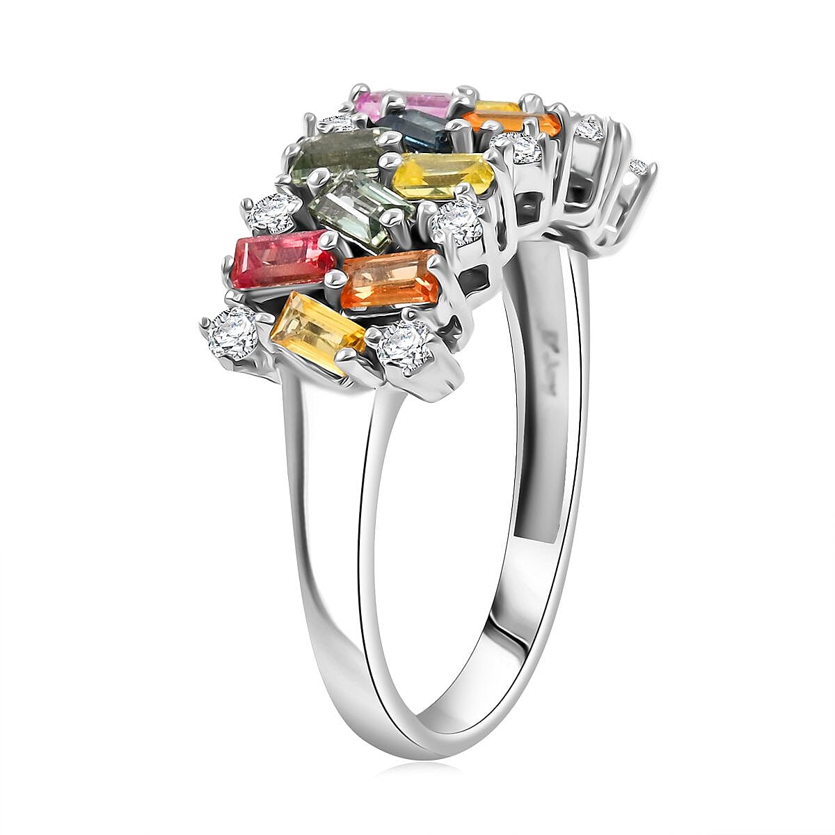 Premium Multi Sapphire and Moissanite 2.10 ctw Art Deco Ring in Rhodium Over Sterling Silver (Size 8.0) image number 3