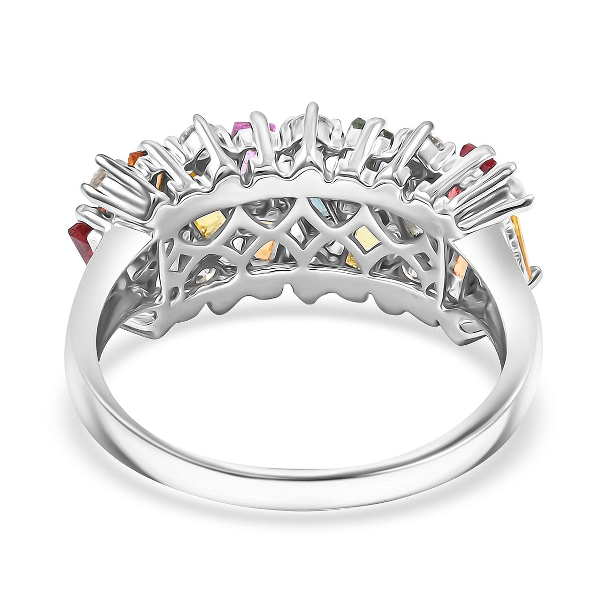 Premium Multi Sapphire and Moissanite 2.10 ctw Art Deco Ring in Rhodium Over Sterling Silver (Size 8.0) image number 4