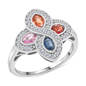 Premium Multi Sapphire and White Zircon 1.60 ctw Whispers of Spring Ring in Rhodium Over Sterling Silver (Size 10.0)