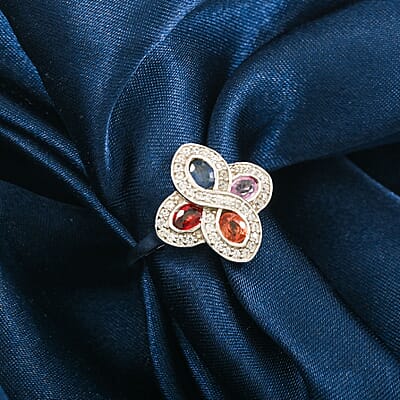 Premium Multi Sapphire and White Zircon 1.60 ctw Whispers of Spring Ring in Rhodium Over Sterling Silver (Size 10.0)