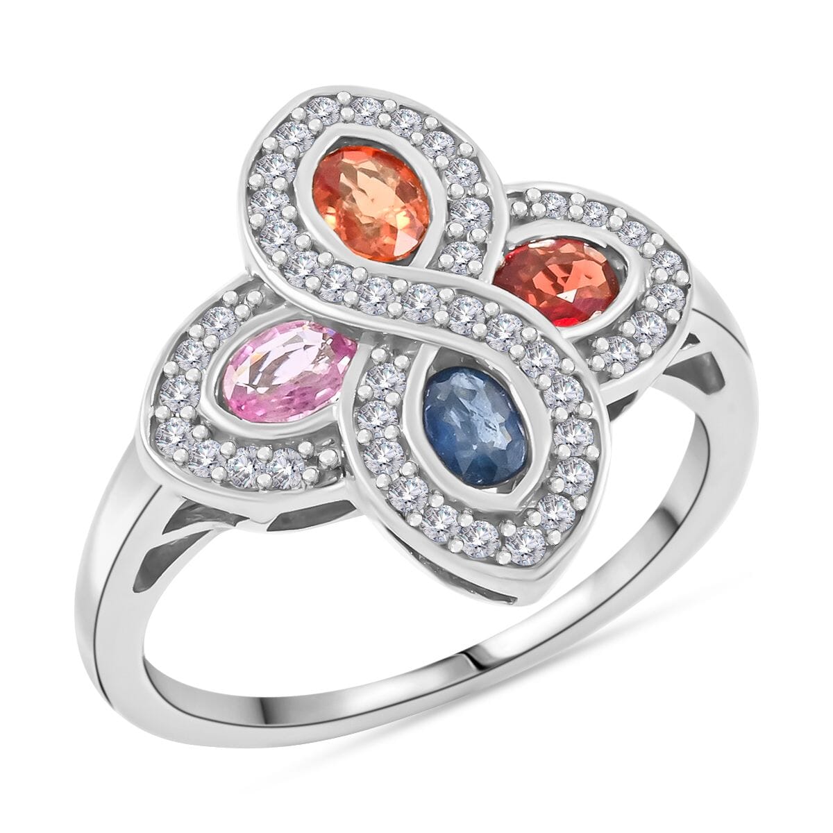 Premium Multi Sapphire and White Zircon 1.60 ctw Whispers of Spring Ring in Rhodium Over Sterling Silver (Size 6.0) image number 0