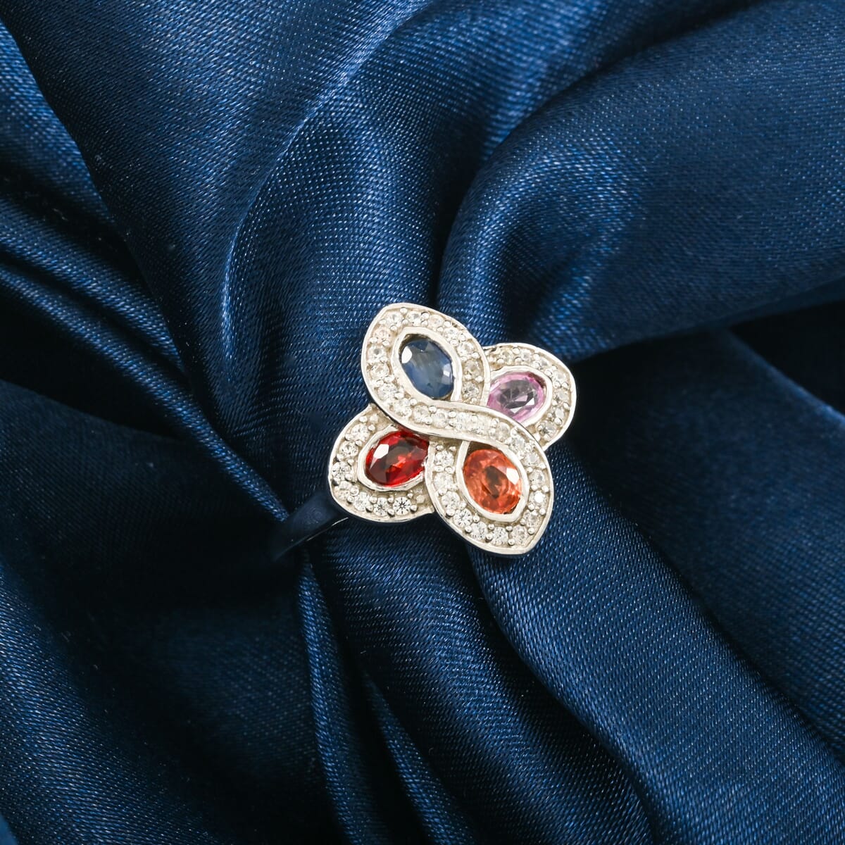 Premium Multi Sapphire and White Zircon 1.60 ctw Whispers of Spring Ring in Rhodium Over Sterling Silver (Size 6.0) image number 1