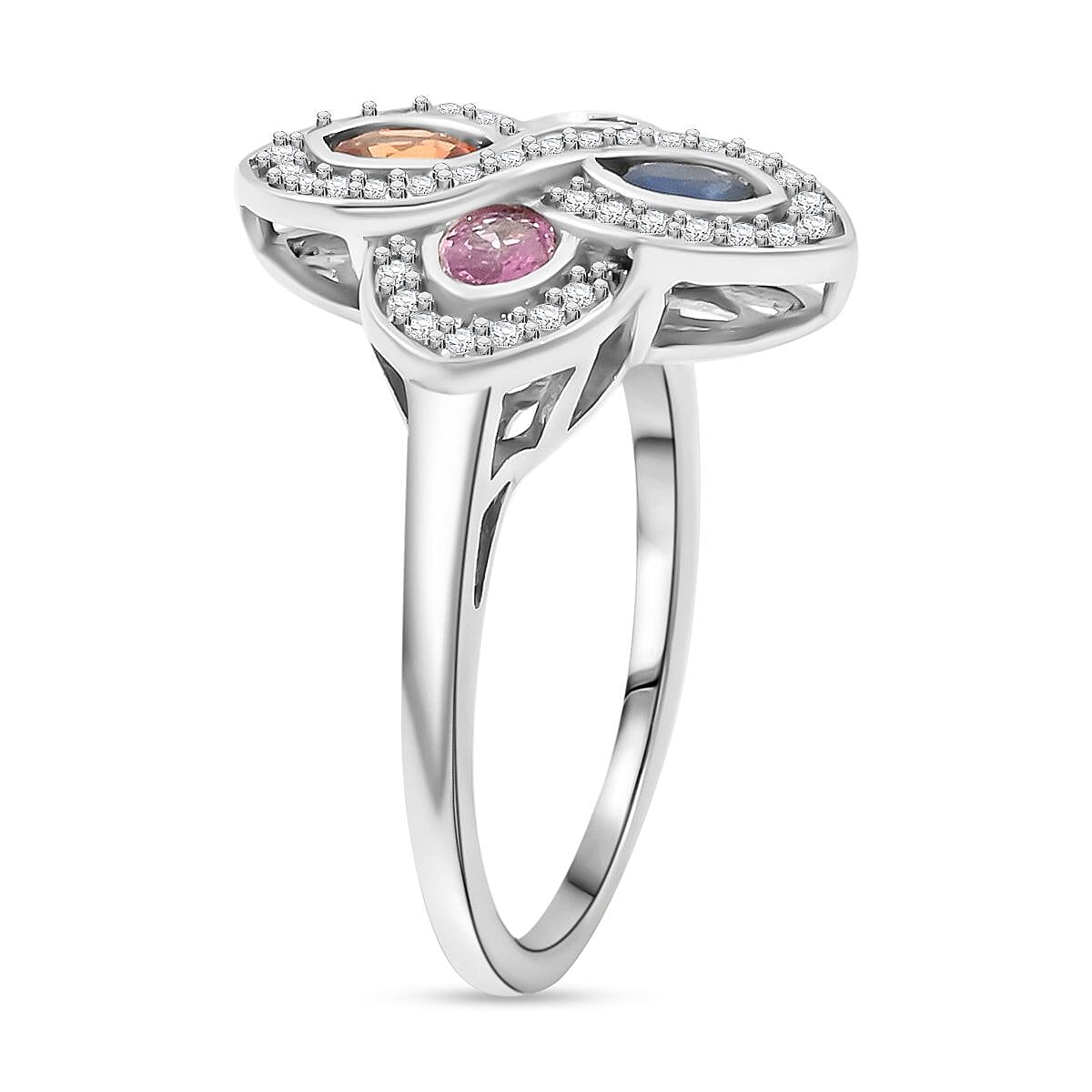 Premium Multi Sapphire and White Zircon 1.60 ctw Whispers of Spring Ring in Rhodium Over Sterling Silver (Size 9.0) image number 3