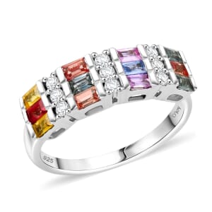 Premium Multi Sapphire and Moissanite 1.65 ctw Art Deco Ring in Rhodium Over Sterling Silver (Size 10.0)