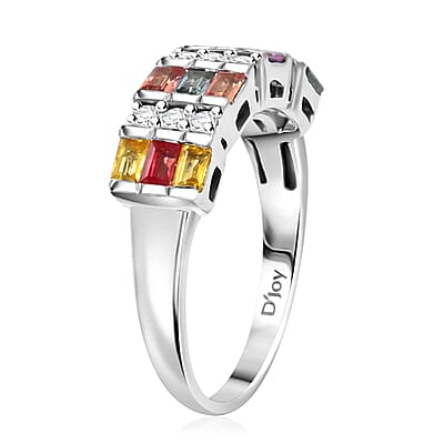 D'Joy Premium Multi Sapphire and Moissanite 1.65 ctw Art Deco Ring in Rhodium Over Sterling Silver (Size 10.0)