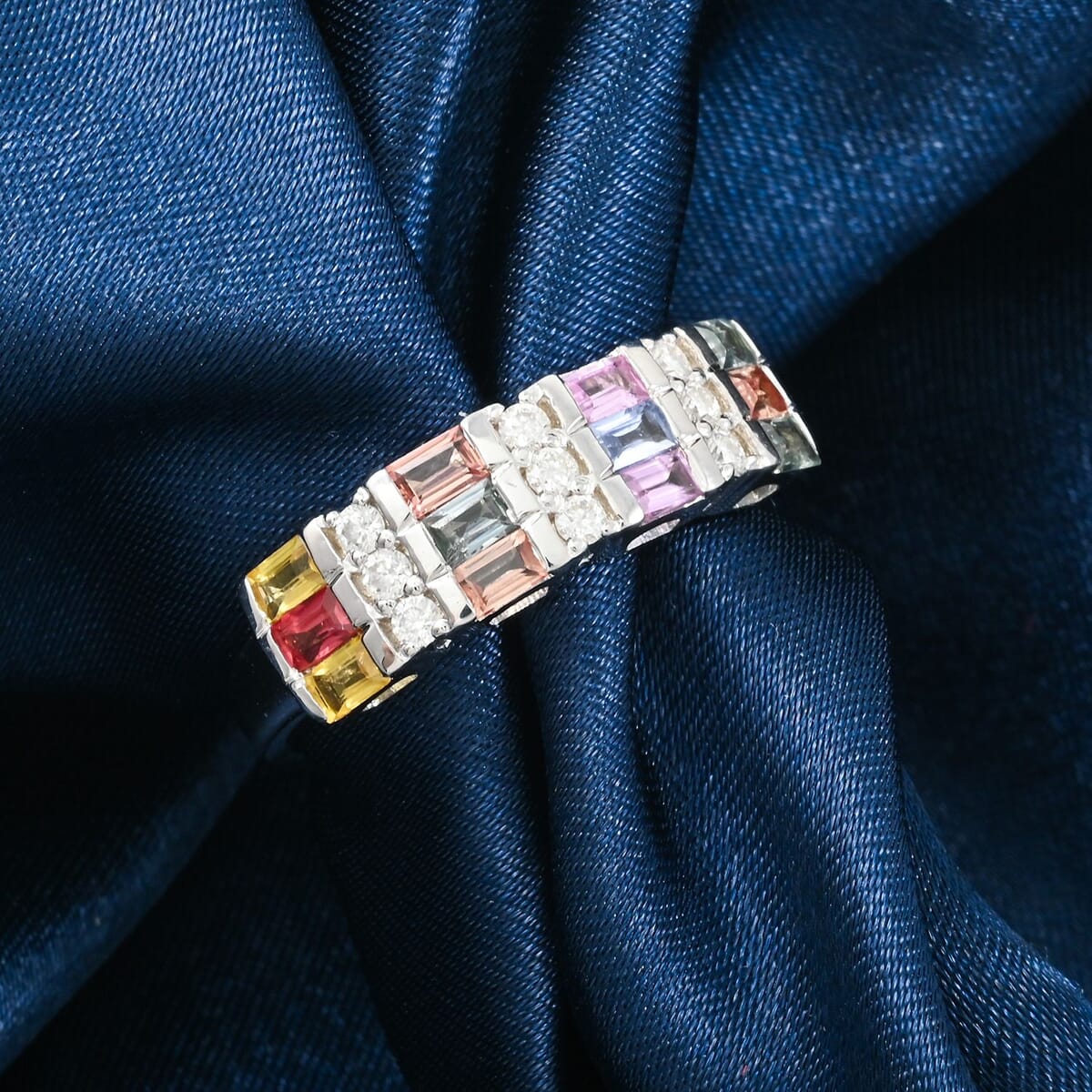 D'Joy Premium Multi Sapphire and Moissanite 1.65 ctw Art Deco Ring in Rhodium Over Sterling Silver (Size 6.0) image number 1