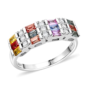D'Joy Premium Multi Sapphire and Moissanite 1.65 ctw Art Deco Ring in Rhodium Over Sterling Silver (Size 7.0)